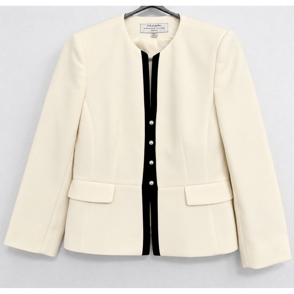 Tahari‎ Arthur S Levine Blazer Women 6P Ivory Good Peplum Back Contrast Trim